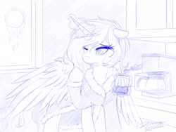 Size: 1920x1440 | Tagged: safe, artist:novaintellus, princess celestia, alicorn, pony, g4, coffee machine, monochrome, morning ponies, solo, spoon, sun, tired, window