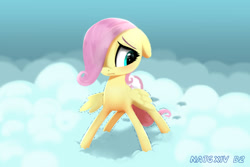Size: 1800x1200 | Tagged: safe, artist:darksly, fluttershy, pegasus, pony, g4, cloud, female, filly, filly fluttershy, foal, hair over one eye, on a cloud, solo, standing on a cloud, trembling, younger