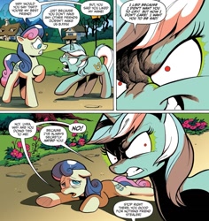 Size: 1015x1074 | Tagged: safe, artist:andy price, idw, official comic, bon bon, lyra heartstrings, sweetie drops, changeling, earth pony, pony, unicorn, g4, my little pony annual 2017, disguise, disguised changeling, evil eyes, horn