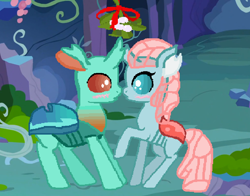 Size: 1018x798 | Tagged: safe, artist:wildrose17, cornicle, ocellus, changedling, changeling, g4, base used, blushing, duo, duo male and female, female, male, mistletoe, shipping, straight
