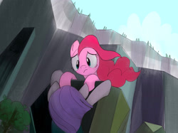 Size: 2732x2048 | Tagged: safe, artist:mandumustbasukanemen, maud pie, pinkie pie, earth pony, pony, g4, rock solid friendship, dangling, distraught, duo, duo female, female, ghastly gorge, mare, outdoors, scene interpretation, siblings, sisters