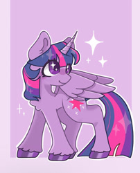 Size: 1161x1434 | Tagged: safe, artist:raggdollii, twilight sparkle, alicorn, pony, g4, chest fluff, colored hooves, eye clipping through hair, female, full body, horn, mare, partially open wings, passepartout, smiling, solo, sparkles, sparkly eyes, twilight sparkle (alicorn), unshorn fetlocks, wingding eyes, wings