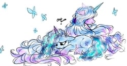 Size: 1024x538 | Tagged: safe, artist:petaltwinkle, izzy moonbow, misty brightdawn, butterfly, pony, unicorn, g5, blue coat, blue mane, blue tail, blurry, coat markings, colored, colored hooves, colored horn, crying, curly mane, curly tail, duo, duo female, eyelashes, female, frown, hair over eyes, horn, impossibly long mane, impossibly long tail, lidded eyes, long horn, long mane, looking down, lying down, mare, no catchlights, pink coat, pink hooves, profile, prone, signature, simple background, smiling, socks (coat markings), tail, two toned mane, two toned tail, unicorn horn, unshorn fetlocks, wavy mane, wavy tail, white background