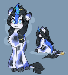 Size: 2836x3142 | Tagged: safe, artist:itsspoops, oc, oc only, kirin, blue background, chest fluff, cute, cute little fangs, fangs, female, mare, signature, simple background, sitting, solo