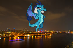 Size: 2048x1365 | Tagged: safe, artist:davidsfire, edit, editor:jaredking779, princess ember, dragon, g4, attack on pony, dragon wings, dragoness, dubai, female, giantess, highrise ponies, irl, looking at you, macro, photo, ponies in real life, red eyes, smiling, solo, story included, united arab emirates, wings