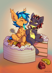 Size: 1748x2480 | Tagged: safe, artist:cherry_kotya, oc, oc only, oc:bluemist, oc:zap, bat pony, original species, pony, birthday cake, cake, countershading, food, fork, giant food, gradient background