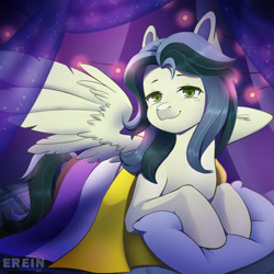 Size: 2000x2000 | Tagged: safe, alternate character, alternate version, artist:erein, oc, oc only, oc:misty breeze, pegasus, pony, bedroom, commission, ears up, flag, garland, high res, indoors, lgbt, looking at you, night, nonbinary, nonbinary pride flag, pillow, pride, pride flag, pride month, room, smiling, smiling at you, solo, spread wings, string lights, wings, ych result