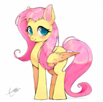 Size: 1521x1500 | Tagged: safe, artist:mrscurlystyles, fluttershy, pegasus, pony, g4, blushing, cute, shyabetes, signature, simple background, smiling, solo, standing, white background