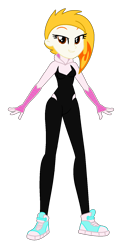 Size: 852x1644 | Tagged: safe, artist:robertsonskywa1, flare (g5), equestria girls, g4, g5, my little pony: tell your tale, bodysuit, clothes, equestria girls-ified, female, full body, g5 to equestria girls, g5 to g4, generation leap, marvel, photo, shoes, simple background, smiling, sneakers, solo, spider-gwen, spider-man, spider-man: across the spider-verse, suit, transparent background