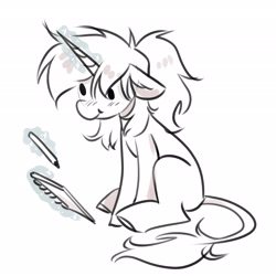 Size: 2700x2700 | Tagged: safe, artist:opalacorn, spiral notepad, oc, oc only, pony, unicorn, floppy ears, grayscale, horn, leonine tail, levitation, magic, monochrome, pencil, simple background, smiling, solo, tail, telekinesis, white background