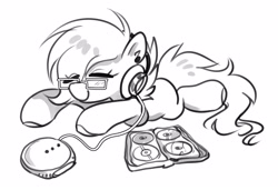 Size: 3386x2312 | Tagged: safe, artist:opalacorn, oc, oc only, earth pony, pony, black and white, cd, cd player, cd wallet, eye clipping through hair, eyes closed, female, glasses, grayscale, headphones, lying down, mare, monochrome, prone, smiling, solo, sploot