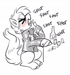Size: 2560x2749 | Tagged: safe, artist:opalacorn, oc, oc only, earth pony, pony, alcohol, blushing, bottle, clothes, drink, drinking, eyes closed, glass, grayscale, hoof hold, jacket, leather, leather jacket, monochrome, open mouth, partial color, shot glass, simple background, sitting, solo, text, unshorn fetlocks, white background