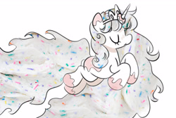 Size: 3386x2271 | Tagged: safe, artist:opalacorn, oc, oc only, pony, unicorn, crown, eyes closed, female, food, frosting, horn, impossibly large mane, impossibly large tail, jewelry, mare, partial color, prancing, regalia, simple background, solo, tail, white background