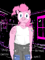 Size: 300x400 | Tagged: safe, artist:y122n20497166, pinkie pie, anthro, clothes, digital art, female to male, pants, pixel art, rule 63, smiling, solo, standing, tank top, window