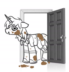 Size: 1751x1828 | Tagged: safe, artist:opalacorn, oc, oc only, pony, unicorn, bags under eyes, boots, dirt, dirty, door, doorway, floppy ears, goggles, goggles around neck, grayscale, horn, lidded eyes, monochrome, partial color, shoes, simple background, solo, white background