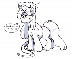 Size: 2198x1809 | Tagged: safe, artist:opalacorn, oc, oc only, oc:mint petal, pony, snake, unicorn, dialogue, female, forked tongue, glasses, grayscale, hissing, horn, mare, monochrome, simple background, solo, speech bubble, talking to viewer, unshorn fetlocks, white background
