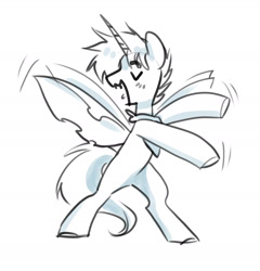 Size: 1895x1971 | Tagged: safe, artist:opalacorn, oc, oc only, bug pony, insect, pony, bandana, bipedal, dancing, eyes closed, grayscale, insect wings, monochrome, open mouth, open smile, simple background, smiling, solo, white background, wings