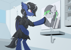 Size: 1700x1200 | Tagged: safe, artist:hovawant, oc, oc only, oc:nighty, oc:zero shadow, bat pony, pegasus, bat pony oc, bat wings, bathroom, beanie, black eyeshadow, black mane, black tail, clothes, collar, commission, ear fluff, ear piercing, earring, eyeshadow, female, fishnet clothing, fishnet stockings, green and black mane, green eyes, hat, helix piercing, hoodie, jewelry, looking at each other, looking at someone, makeup, male, mirror, pegasus oc, piercing, red eyes, sink, skirt, socks, spiked collar, stockings, tail, thigh highs, wings