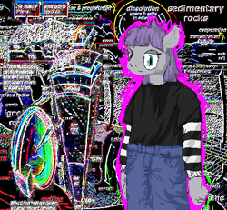 Size: 516x477 | Tagged: safe, artist:y122n20497166, maud pie, earth pony, anthro, abstract background, black shirt, blue eyes, blue pants, clothes, digital art, gray coat, pants, pixel art, purple hair, solo, striped sleeves, tomboy