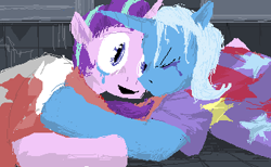 Size: 349x215 | Tagged: safe, artist:y122n20497166, starlight glimmer, trixie, unicorn, semi-anthro, g4, blue coat, clothes, crying, digital art, duo, horn, open mouth, open smile, pink coat, pixel-crisp art, saw (movie), shirt, smiling