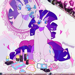 Size: 2048x2038 | Tagged: safe, artist:emoboy130, rarity, pony, unicorn, g4, abstract background, bandaid, blue eyes, blue eyeshadow, bow, bracelet, cd, chest fluff, colored hooves, colored pinnae, ear fluff, ear piercing, earring, eyelashes, eyeshadow, female, floating heart, frown, hair accessory, hair ribbon, heart, high res, horn, ipod, jewelry, lidded eyes, lipstick, lipstick tube, long eyelashes, long horn, long mane, long tail, makeup, mane accessory, mare, mirror, pearl bracelet, piercing, pillow, pink bow, polaroid, purple hooves, purple mane, purple tail, raised hoof, reflection, ribbon, ringlets, shiny hooves, shrunken pupils, signature, sitting, solo, sparkles, tail, tail accessory, tail bow, tall ears, text, tiara, unicorn horn, white coat, zoom layer