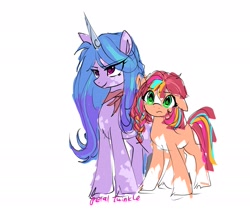 Size: 2048x1726 | Tagged: safe, artist:petaltwinkle, izzy moonbow, sunny starscout, earth pony, pony, unicorn, g5, alternate accessories, alternate design, alternate hairstyle, alternate universe, big eyes, braid, clothes, coat markings, colored, colored belly, colored horn, colored sketch, cute, duo, duo female, eye clipping through hair, eyebrows, eyebrows visible through hair, eyelashes, facial markings, female, floppy ears, frown, green eyes, height difference, horn, mane stripe sunny, mare, missing cutie mark, multicolored mane, multicolored tail, narrowed eyes, neckerchief, orange coat, pale belly, pink eyes, purple coat, red mane, red tail, scarf, signature, simple background, sketch, smiling, socks (coat markings), splotches, standing, straight mane, sunnybetes, sweat, sweatdrop, tail, tied mane, two toned mane, unicorn horn, unshorn fetlocks, white background, wingding eyes