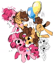 Size: 1448x1678 | Tagged: safe, artist:appledash3r_, cheese sandwich, pinkie pie, earth pony, pony, g4, balloon, blushing, brown mane, brown tail, clothes, colored, colored sketch, colt cheese sandwich, curly mane, curly tail, duality, duo, duo male and female, emanata, eyelashes, female, filly, filly pinkie pie, flat colors, floating, glasses, hug, looking at each other, looking at someone, male, mare, no catchlights, open mouth, open smile, orange coat, pink coat, pink mane, pink tail, raised hoof, round glasses, ship:cheesepie, shipping, shirt, simple background, sketch, smiling, smiling at each other, stallion, straight, t-shirt, tail, tongue out, white background, younger