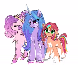 Size: 2048x1726 | Tagged: safe, artist:petaltwinkle, part of a set, izzy moonbow, pipp petals, sunny starscout, earth pony, pegasus, pony, unicorn, g5, alternate accessories, alternate design, alternate hairstyle, alternate universe, big eyes, braid, chest fluff, clothes, coat markings, colored, colored belly, colored eartips, colored hooves, colored horn, colored sketch, cute, eye clipping through hair, eyebrows, eyebrows visible through hair, eyelashes, eyes closed, facial markings, female, floppy ears, frown, gold hooves, gold jewelry, gradient mane, gradient tail, green eyes, height difference, hooves, horn, jewelry, leg fluff, mane stripe sunny, mare, missing cutie mark, multicolored mane, multicolored tail, narrowed eyes, necklace, orange coat, pale belly, pink coat, pink eyes, profile, purple coat, red mane, red tail, shiny hooves, signature, simple background, sketch, smiling, socks (coat markings), sparkly eartips, sparkly legs, splotches, standing, straight mane, sunnybetes, sweat, sweatdrop, tail, tiara, tied mane, trio, trio female, two toned mane, unicorn horn, unshorn fetlocks, wall of tags, wavy mane, white background, wingding eyes