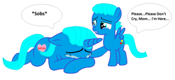 Size: 2112x968 | Tagged: safe, artist:memeartboi, pegasus, pony, unicorn, g4, affection, bonding, colt, comfort, comforting, crying, cute, duo, duo male and female, female, foal, gumball watterson, heart, heartwarming, horn, kindness, little boy, lying down, male, mare, mother, mother and child, mother and son, nicole watterson, ponified, prone, sad, simple background, smiling, sniffing, sobbing, tearjerker, teary eyes, the amazing world of gumball, upset, white background, wholesome, wings