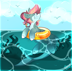 Size: 3352x3341 | Tagged: safe, artist:ezzerie, oc, oc only, oc:crimson cove, bird, original species, pony, shark, shark pony, countershading, eyes closed, fangs, female, floating, inner tube, jewelry, mare, necklace, ocean, pool toy, seaweed, shark pony oc, shell, smiling, solo, swimming, water