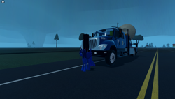 Size: 1858x1057 | Tagged: safe, princess luna, alicorn, pony, g4, 3d, doppler on wheels, female, game screencap, long legs, missing accessory, road, roblox, solo, tornado, tree, truck, twisted (game), vehicle