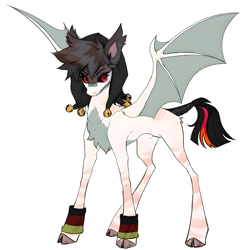 Size: 3972x4000 | Tagged: safe, artist:monogy, oc, oc only, oc:valentine_, bat pony, bandaid, black sclera, bracelet, clothes, concave belly, eyeshadow, hat, jester hat, jewelry, makeup, male, red eyes, simple background, skinny, solo, stallion, thin, white background