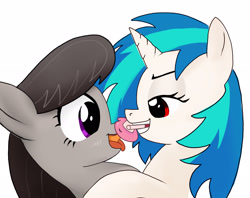 Size: 2048x1619 | Tagged: safe, artist:asdfasfasda, dj pon-3, octavia melody, vinyl scratch, earth pony, pony, unicorn, g4, blushing, duo, embrace, female, fetish, horn, lesbian, mare, mouth hold, pacifier, seductive look, ship:scratchtavia, shipping, simple background, tongue out, white background