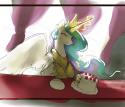 Size: 2700x2309 | Tagged: safe, artist:aquoquoo, princess celestia, alicorn, pony, g4, backlighting, cake, cakelestia, crown, eyes closed, female, food, high res, hoof shoes, hooves on the table, jewelry, magic, mare, princess shoes, regalia, solo, telekinesis, that pony sure does love cakes