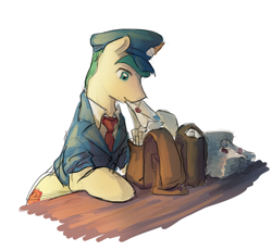 Size: 1770x1632 | Tagged: safe, artist:aquoquoo, proper postal, earth pony, pony, bag, envelope, mailbag, mailpony, male, mouth hold, simple background, solo, stallion, table, white background