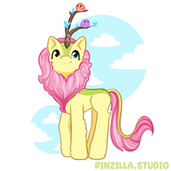 Size: 640x640 | Tagged: safe, artist:pinzillastudio, oc, oc only, bird, butterfly, kirin, g4, cloud, concave belly, female, fusion, fusion:autumn blaze, fusion:autumnshy, fusion:fluttershy, heterochromia, kirin oc, looking up, simple background, sky, smiling, solo, white background