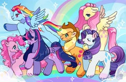 Size: 4096x2650 | Tagged: safe, artist:honeybonniebunny, applejack, fluttershy, pinkie pie, rainbow dash, rarity, twilight sparkle, alicorn, earth pony, pegasus, pony, unicorn, g4, alternate hairstyle, applejack's hat, beanbrows, cloud, colored hooves, colored pinnae, colored wings, cowboy hat, ears back, eyebrows, eyes closed, eyeshadow, female, flying, folded wings, gradient legs, gradient wings, group, hat, horn, looking at each other, looking at someone, makeup, mane six, mare, rainbow, raised hoof, sextet, shiny hooves, sky, sparkles, spread wings, standing on a rainbow, twilight sparkle (alicorn), unshorn fetlocks, walking, wings