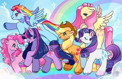 Size: 4096x2650 | Tagged: safe, artist:honeybonniebunny, applejack, fluttershy, pinkie pie, rainbow dash, rarity, twilight sparkle, alicorn, pony, g4, mane six, rainbow, twilight sparkle (alicorn)