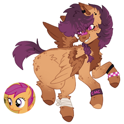 Size: 1000x1000 | Tagged: safe, artist:kazmuun, scootaloo, pegasus, pony, g4, alternate eye color, alternate hairstyle, bandage, bandaid, bandaid on nose, beanbrows, blank flank, blush lines, blushing, braid, braided ponytail, butt fluff, butt freckles, chest fluff, coat markings, colored eartips, colored pinnae, countershading, cute, cutealoo, dorsal stripe, ear fluff, ear piercing, ear tufts, earring, eyebrows, fangs, female, filly, foal, freckles, gradient legs, grin, jewelry, leg fluff, leg freckles, magenta eyes, markings, mismatched hooves, piercing, ponytail, redesign, short tail, simple background, slit pupils, smiling, tail, transparent background, wing freckles, wings, wings down, wristband