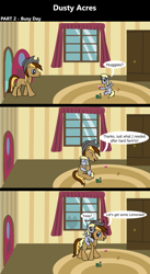 Size: 1920x3516 | Tagged: safe, artist:platinumdrop, derpy hooves, oc, oc:dusty hooves, earth pony, pegasus, pony, g4, 3 panel comic, comic, dialogue, female, filly, foal, happy, hat, hug, male, riding, riding a pony, sitting, smiling, speech bubble, stallion, tired, toy, younger