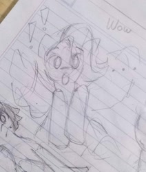 Size: 1374x1619 | Tagged: safe, artist:zamiración, derpibooru exclusive, oc, oc only, pegasus, :o, cute, exclamation point, lined paper, open mouth, pencil drawing, photo, sketch, solo, surprised, traditional art