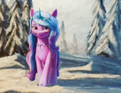 Size: 2102x1620 | Tagged: safe, artist:hoofy_0415, izzy moonbow, auroricorn, pony, g5, bracelet, female, friendship bracelet, jewelry, mare, necklace, race swap, smiling, snow, tree