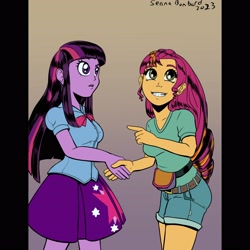Size: 3300x3300 | Tagged: safe, artist:princrim, sunny starscout, twilight sparkle, human, equestria girls, g4, g5, commission, duo, duo female, equestria girls-ified, female, g5 to equestria girls, g5 to g4, generation leap, gradient background, grin, mulan, pointing, smiling, sunny and her heroine