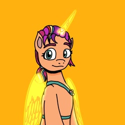 Size: 3000x3000 | Tagged: safe, artist:artist_179, sunny starscout, alicorn, pony, g5, artificial horn, artificial wings, augmented, female, horn, human shoulders, magic, magic horn, magic wings, mare, orange background, race swap, simple background, solo, sunny's bag, sunnycorn, wings
