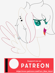 Size: 1395x1868 | Tagged: safe, artist:pure-blue-heart, oc, oc only, pegasus, bust, ear piercing, earring, jewelry, lineart, open mouth, patreon, patreon logo, patreon reward, piercing, portrait, simple background, spread wings, white background, wings