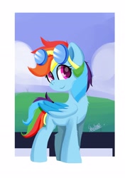 Size: 2039x2893 | Tagged: safe, artist:skylinepony_, rainbow dash, pegasus, pony, g4, colored wings, female, folded wings, goggles, goggles on head, mare, smiling, solo, two toned wings, wings