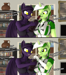 Size: 3555x4000 | Tagged: safe, alternate version, artist:zgsfm, oc, oc only, oc:baetica castanets, oc:grape wine, bat, bat pony, unicorn, anthro, plantigrade anthro, 2 panel comic, 3d, alcohol, andalusia, boop, bottle, breasts, cleavage, coat markings, comic, drunk, duo, duo female, english, female, horn, living room, real betis, spain, television, wine, wine bottle