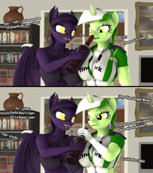 Size: 3555x4000 | Tagged: safe, alternate version, artist:zgsfm, oc, oc only, oc:baetica castanets, oc:grape wine, bat, bat pony, unicorn, anthro, plantigrade anthro, 2 panel comic, 3d, alcohol, andalusia, bottle, breasts, cleavage, coat markings, comic, drunk, duo, duo female, female, horn, living room, real betis, spain, spanish, television, wine, wine bottle