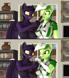 Size: 3840x4320 | Tagged: safe, alternate version, artist:zgsfm, oc, oc only, oc:baetica castanets, oc:grape wine, bat, bat pony, unicorn, anthro, plantigrade anthro, 3d, 3d model, alcohol, andalusia, balls, boop, coat markings, comic, drink, game, horn, house, living room, muscles, nudity, penis, real betis, spain, television, tree, wine