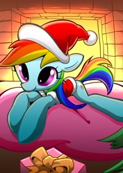 Size: 2894x4093 | Tagged: safe, artist:rainbowdashsuki, rainbow dash, pegasus, g4, christmas, fireplace, hat, holiday, present, santa hat, solo